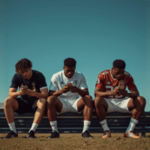 O regulador de jogos de azar holandês alerta que os atletas que apostam em suas próprias competições aumentam os riscos de integridade. Três jogadores de futebol masculino com kits de treino sentam-se num banco ao ar livre, cada um olhando para baixo e usando um smartphone, sugerindo envolvimento com aplicativos móveis ou atividades online.