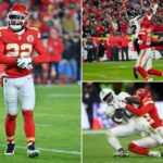 Tyreek Hill, do Miami Dolphins, sendo abordado por Trent McDuffie, do Kansas City Chiefs, em um jogo de futebol.