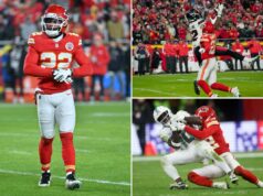 Relatório: Chiefs All-Pro CB Trent McDuffie chegando aos Rams Tyreek Hill, do Miami Dolphins, sendo abordado por Trent McDuffie, do Kansas City Chiefs, em um jogo de futebol.
