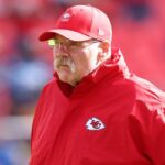 Head coach Andy Reid of the Kansas City Chiefs looks on in the game against the Indianapolis Colts at Arrowhead Stadium on November 23, 2025 in Kansas City, Missouri.