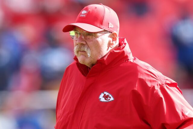 Head coach Andy Reid of the Kansas City Chiefs looks on in the game against the Indianapolis Colts at Arrowhead Stadium on November 23, 2025 in Kansas City, Missouri.