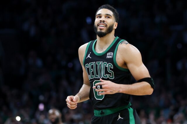 Boston Celtics star Jayson Tatum in a game against the Dallas Mavericks