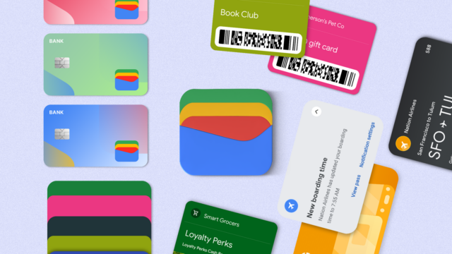 Reorganizei minha Google Wallet e a finalização da compra ficou Ilustração de um telefone com a Google Wallet aberta, cercado por ingressos e documentos que podem ser adicionados à Google Wallet.