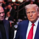 Donald Trump and Dana White speak during a UFC event