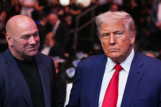 Donald Trump and Dana White speak during a UFC event