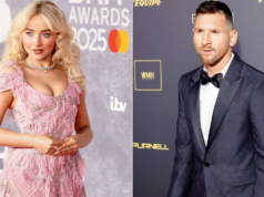 Sabrina Carpenter posa com a camisa de Lionel Messi da vitória na Copa do Mundo de 2026 Sabrina Carpenter posa com a camisa de Lionel Messi da vitória na Copa do Mundo de 2026