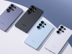 Samsung adiciona suporte AirDrop ao Galaxy S26 Quatro imagens das configurações de um telefone Samsung Galaxy S26, ativando o compartilhamento do Quick Share com o iPhone.