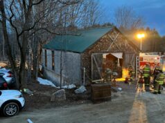 Seis feridos e outros presos após o desabamento do piso do local do casamento em New Hampshire O piso empenado que desabou, enviando quase 70 convidados do casamento para o porão de um prédio (Gabinete do Corpo de Bombeiros do Estado de New Hampshire via AP)