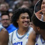 O jogador de basquete da UCLA, Skyy Clark, sorri sem um dente da frente e com sangue na gengiva.