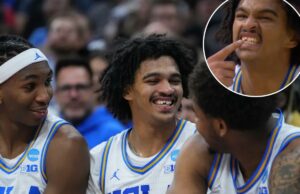 Skyy Clark, da UCLA, perde parte do dente em um momento selvagem de March Madness O jogador de basquete da UCLA, Skyy Clark, sorri sem um dente da frente e com sangue na gengiva.