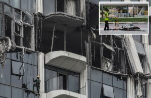 Sobreviventes do ataque de drone iraniano em Dubai foram presos após dizerem a seus entes queridos que estavam seguros – enviando-lhes fotos das consequências Um campanário avaliando os danos a um edifício após um ataque de drone em Dubai.