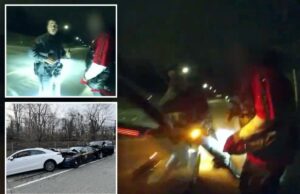 Soldado de Nova York se afasta milagrosamente depois que SUV fora de controle causa acidente de reação em cadeia Imagens de câmera corporal de um policial atingido durante uma parada de trânsito em uma rodovia.