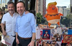 Sonhar. Chris Murphy foi criticado por posar com Jimmy Kimmel no protesto No Kings a milhares de quilômetros de seu estado natal As pessoas protestam contra a fiscalização da imigração e o exagero federal, apresentando um grande balão de Trump em uma fralda.