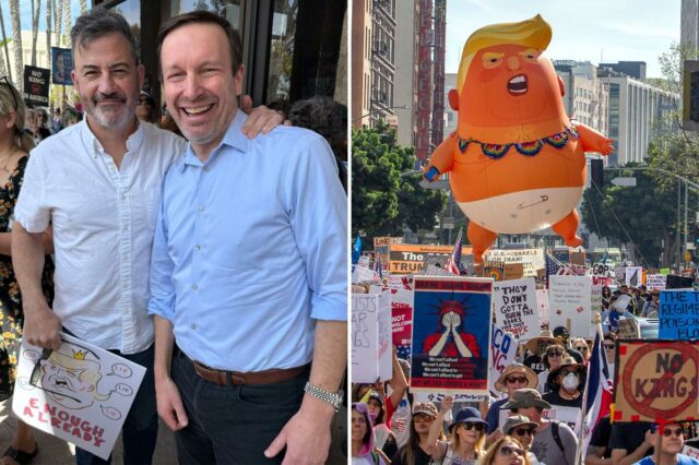 Sonhar. Chris Murphy foi criticado por posar com Jimmy Kimmel As pessoas protestam contra a fiscalização da imigração e o exagero federal, apresentando um grande balão de Trump em uma fralda.
