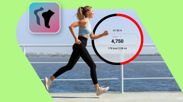 Mulher correndo ao ar livre enquanto olha para o telefone, com o mascote do Android correndo ao lado dela, ambos enquadrados dentro do contorno de um smartphone, contra um fundo de ícones de aplicativos de fitness e saúde