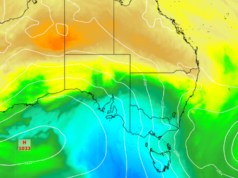 Sudeste da Austrália preparado para um gostinho do inverno esta semana Previsão de temperatura e pressão média ao nível do mar para quinta-feira à noite. O ar frio (sombreado em azul) está sendo conduzido sobre o sudeste da Austrália entre esses dois sistemas. Fonte: Zona Meteorológica