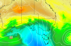 Sudeste da Austrália preparado para um gostinho do inverno esta semana Previsão de temperatura e pressão média ao nível do mar para quinta-feira à noite. O ar frio (sombreado em azul) está sendo conduzido sobre o sudeste da Austrália entre esses dois sistemas. Fonte: Zona Meteorológica