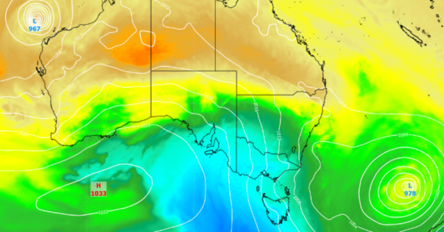 Previsão de temperatura e pressão média ao nível do mar para quinta-feira à noite. O ar frio (sombreado em azul) está sendo conduzido sobre o sudeste da Austrália entre esses dois sistemas. Fonte: Zona Meteorológica
