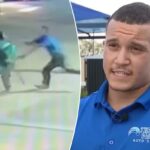 Suspeito empunhando um machado subjugado pela queda de um recruta militar adolescente no MMA em um confronto de lavagem de carro capturado em vídeo