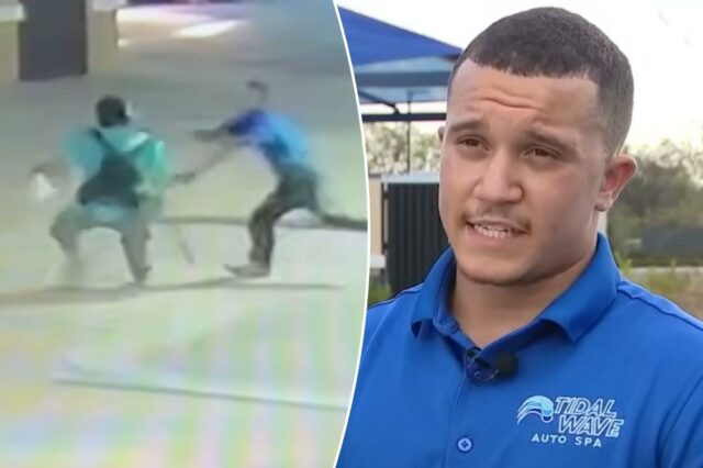 Suspeito empunhando um machado subjugado pela queda de um recruta militar adolescente no MMA em um confronto de lavagem de carro capturado em vídeo
