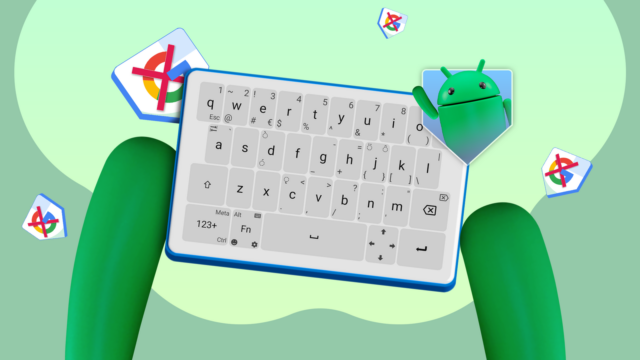 Alguns layouts de teclado para Android e o logotipo do Android no centro.