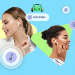 Fones de ouvido sem fio brancos marcados com L e R ao lado de um ícone rosa de onda sonora e gráficos de frequência.