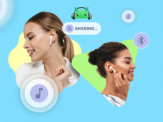 Terminei oficialmente de compartilhar fones de ouvido com meu parceiro, graças ao Android 16 Fones de ouvido sem fio brancos marcados com L e R ao lado de um ícone rosa de onda sonora e gráficos de frequência.