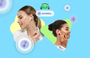 Terminei oficialmente de compartilhar fones de ouvido com meu parceiro, graças ao Android 16 Fones de ouvido sem fio brancos marcados com L e R ao lado de um ícone rosa de onda sonora e gráficos de frequência.