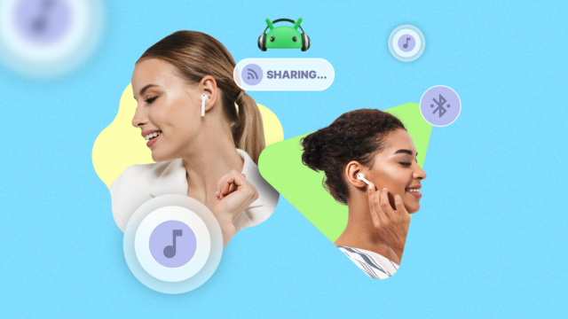 Terminei oficialmente de compartilhar fones de ouvido com meu parceiro, Fones de ouvido sem fio brancos marcados com L e R ao lado de um ícone rosa de onda sonora e gráficos de frequência.