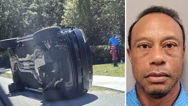 Woods é visto ao lado de seu Range Rover capotado na Ilha de Júpiter, Flórida.