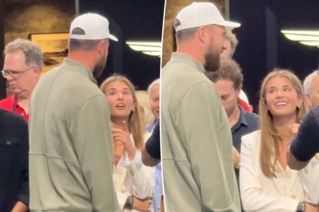 Travis Kelce conversa com a neta do presidente Trump, Kai, em um evento de golfe na Flórida
