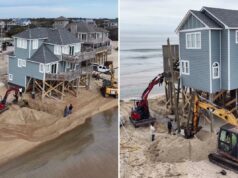 Tripulações da Carolina do Norte correm para salvar a casa de Outer Banks antes de desabar no Oceano Atlântico Tripulações usando duas escavadeiras para salvar uma casa em Outer Banks da Carolina do Norte do colapso no Oceano Atlântico.