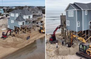 Tripulações da Carolina do Norte correm para salvar a casa de Outer Banks antes de desabar no Oceano Atlântico Tripulações usando duas escavadeiras para salvar uma casa em Outer Banks da Carolina do Norte do colapso no Oceano Atlântico.