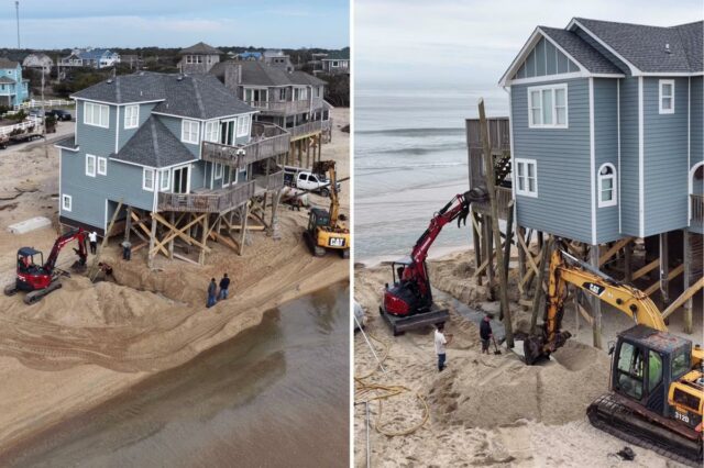 Tripulações usando duas escavadeiras para salvar uma casa em Outer Banks da Carolina do Norte do colapso no Oceano Atlântico.