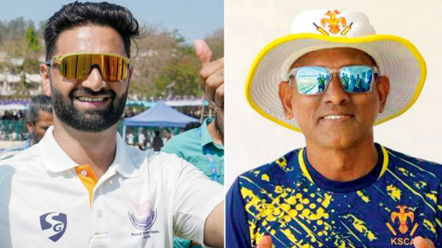 Troféu Ranji: o técnico do Karnataka, Yere Goud, apóia o Troféu Ranji: o técnico do Karnataka, Yere Goud, apóia o marcapasso J e K Auqib Nabi para testes