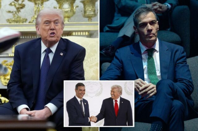 Trump promete cortar “todo o comércio” com Espanha por falta Donald Trump discursando em reunião bilateral na Casa Branca.