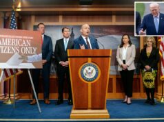 Trump vincula o acordo de reabertura do DHS à aprovação da Lei SAVE America, implora aos republicanos que ‘matem a obstrução e fiquem em DC para a Páscoa’ Os senadores Mike Lee (R-UT), Ashley Moody (R-FL), Marsha Blackburn (R-TN) Eric Schmitt (R-MO) e Bill Hagerty (R-TN) participam de uma coletiva de imprensa a favor da proposta