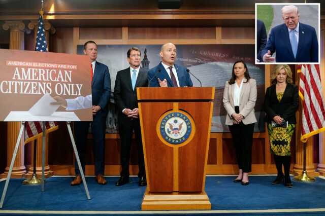 Os senadores Mike Lee (R-UT), Ashley Moody (R-FL), Marsha Blackburn (R-TN) Eric Schmitt (R-MO) e Bill Hagerty (R-TN) participam de uma coletiva de imprensa a favor da proposta 