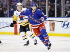 Tye Kartye faz sucesso instantâneo na estreia do Rangers O recém-adquirido Ranger Tye Kartye no gelo no primeiro período no Madison Square Garden em Nova York, Nova York, EUA, sábado, 28 de fevereiro de 2026.