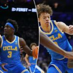 Tarris Reed Jr. da UConn segurando a bola de basquete, cercado pelos jogadores da UCLA Trent Perry, Donovan Dent e Eric Dailey Jr.