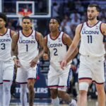 UConn Huskies players, including Jaylin Stewart and Silas Demary Jr.
