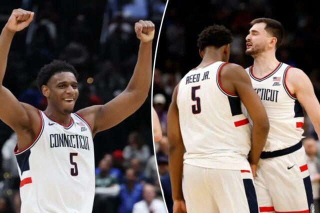 UConn se defende do último esforço do estado de Michigan O atacante do UConn Huskies Alex Karaban (11) e o atacante Tarris Reed Jr. (5) reagem após o jogo em um jogo Sweet Sixteen da East Regional do torneio masculino da NCAA de 2026 na Capital One Arena.