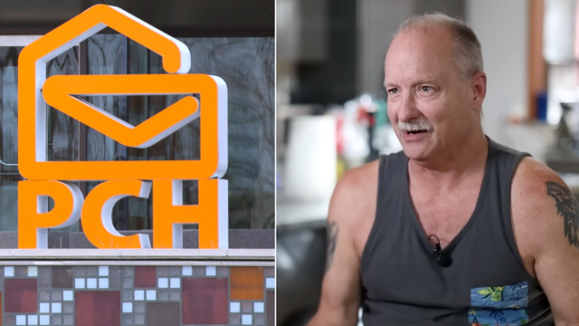 Uma imagem de compilação dos escritórios da Publishers Clearing House à esquerda e do ex-vencedor John Wyllie à direita.