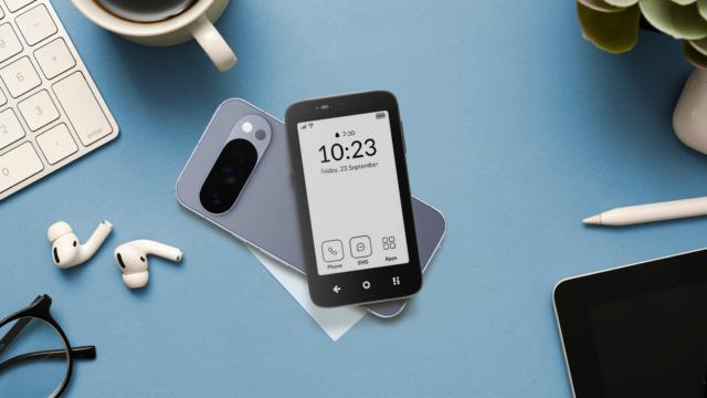 Mão segurando um Mudita Kompakt, apresentando um close de seu botão lateral físico e ícones de segurança flutuantes.