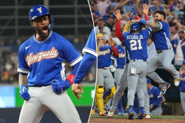 Ronald Acuña Jr. (21) e Gleyber Torres (25) reagem após o gol de Acuña em um jogo da semifinal do World Baseball Classic.