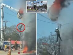 Vídeo aterrorizante mostra trabalhador de serviços públicos da Louisiana pendurado em um caminhão caçamba em chamas antes de cair Trabalhador de serviços públicos pendurado por um arnês em um caminhão caçamba em chamas.