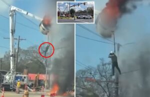 Vídeo aterrorizante mostra trabalhador de serviços públicos da Louisiana pendurado em um caminhão caçamba em chamas antes de cair Trabalhador de serviços públicos pendurado por um arnês em um caminhão caçamba em chamas.