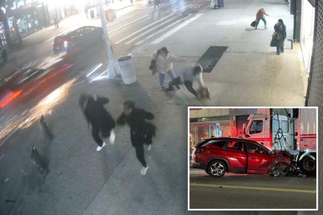 Vídeo chocante mostra faíscas voando enquanto motorista descontrolado parece arrastar ciclistas pela movimentada rua do Harlem em um acidente fatal
