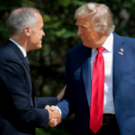 Canadian Prime Minister Mark Carney greets U.S. President Donald Trump at the official welcome ceremony during the G7 Leaders' Summit on June 16, 2025 in Kananaskis, Alberta.