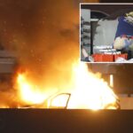 Vítima resgatada de um acidente de fogo na movimentada rodovia SoCal enquanto o carro explode em uma terrível bola de fogo